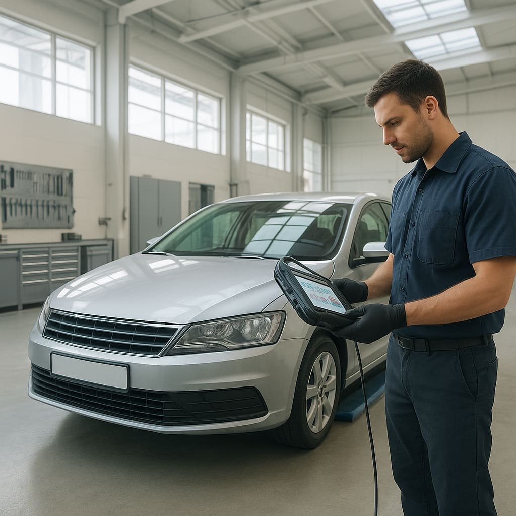 Mechaniker bei der Fahrzeugdiagnose in moderner Werkstatt